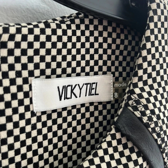 Vicky Tiel Checker Print Leather Trim Career Sheath Dress - Picture 3 of 8